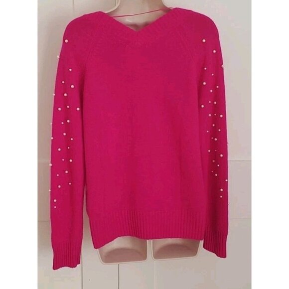 NEW CHARTER CLUB LUXURY CASHMERE FAUX-PEARL DOUBLE V-NECK SWEATER MEDIUM FUCHSIA - Picture 4 of 8